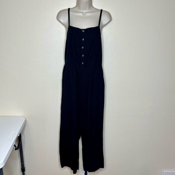 Old Navy Linen Rayon Black Jack Romper Overall Cropped Smocked Back Women Small - Picture 2 of 15